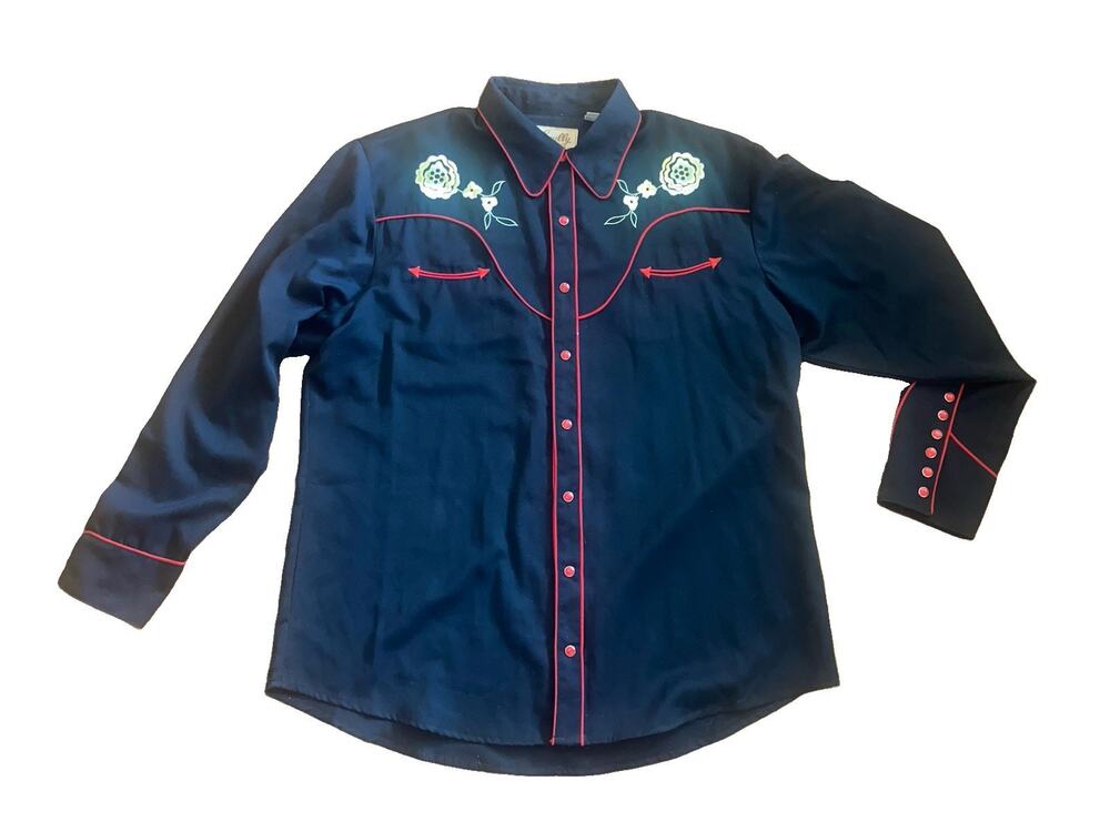 Scully Men's XL Black/Red Western Snap Shirt Red Piping Embroider yellow flowers